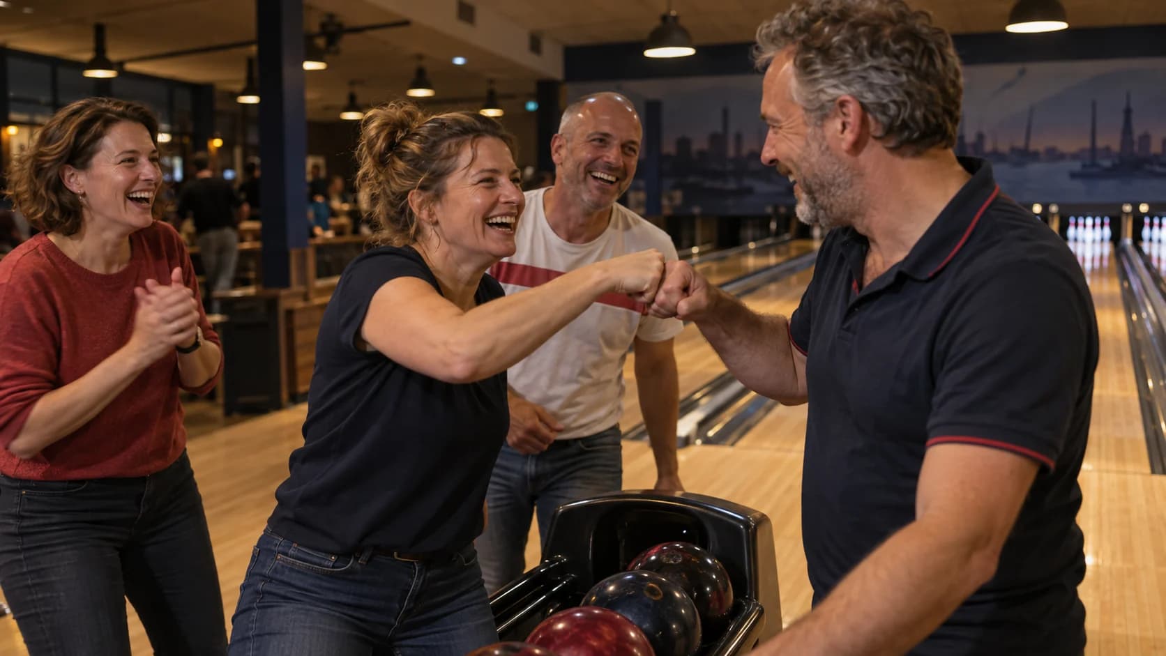 Sfeerbeeld van bowlers die samen een goede worp vieren