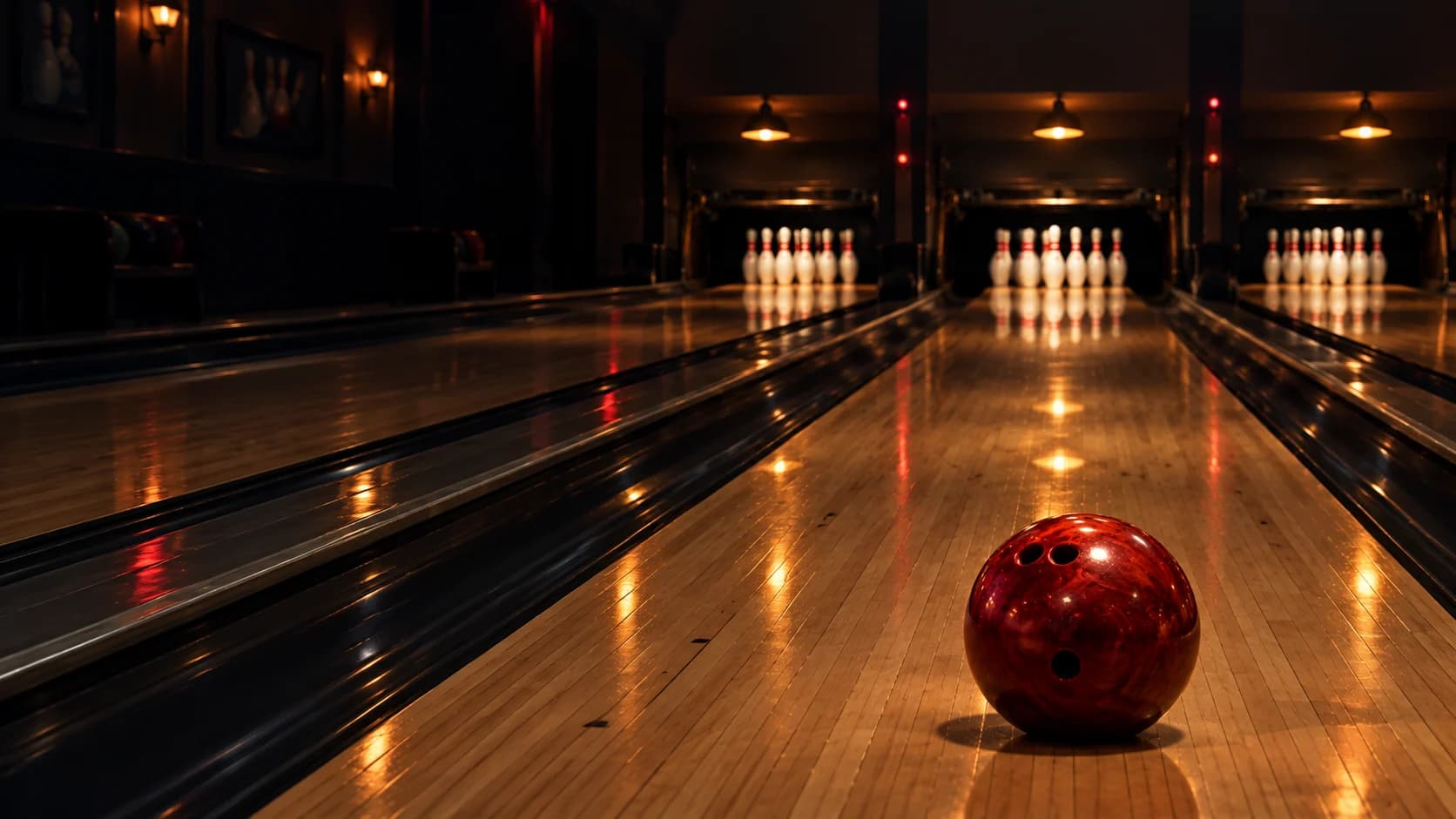 Rode bowlingbal op een smalle bowlingbaan tussen de goten